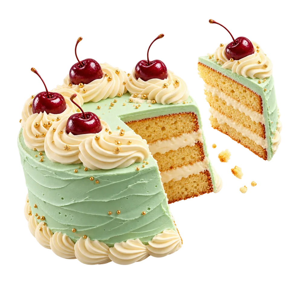 Playful 3D cake illustration with mint icing, cherries and a floating slice